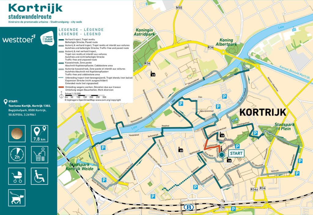 Een kaart van de stadswandelroute in Kortrijk. De route start bij "Toerisme Kortrijk, Begijnhofpark, 8500 Kortrijk" en heeft een totale afstand van 7,8 km. De kaart toont verschillende routes en paden door de stad, waaronder geplaveide routes, autovrije en autoluwe zones, en kasseienstroken. De kaart bevat verschillende bezienswaardigheden en markeringen zoals parken, parkeerplaatsen, en verkeersvrije gebieden. Er zijn symbolen voor diverse faciliteiten, zoals rolstoeltoegankelijkheid, horeca en een hondvriendelijke omgeving. De legenda geeft uitleg over de verschillende soorten routes en iconen die op de kaart te zien zijn.